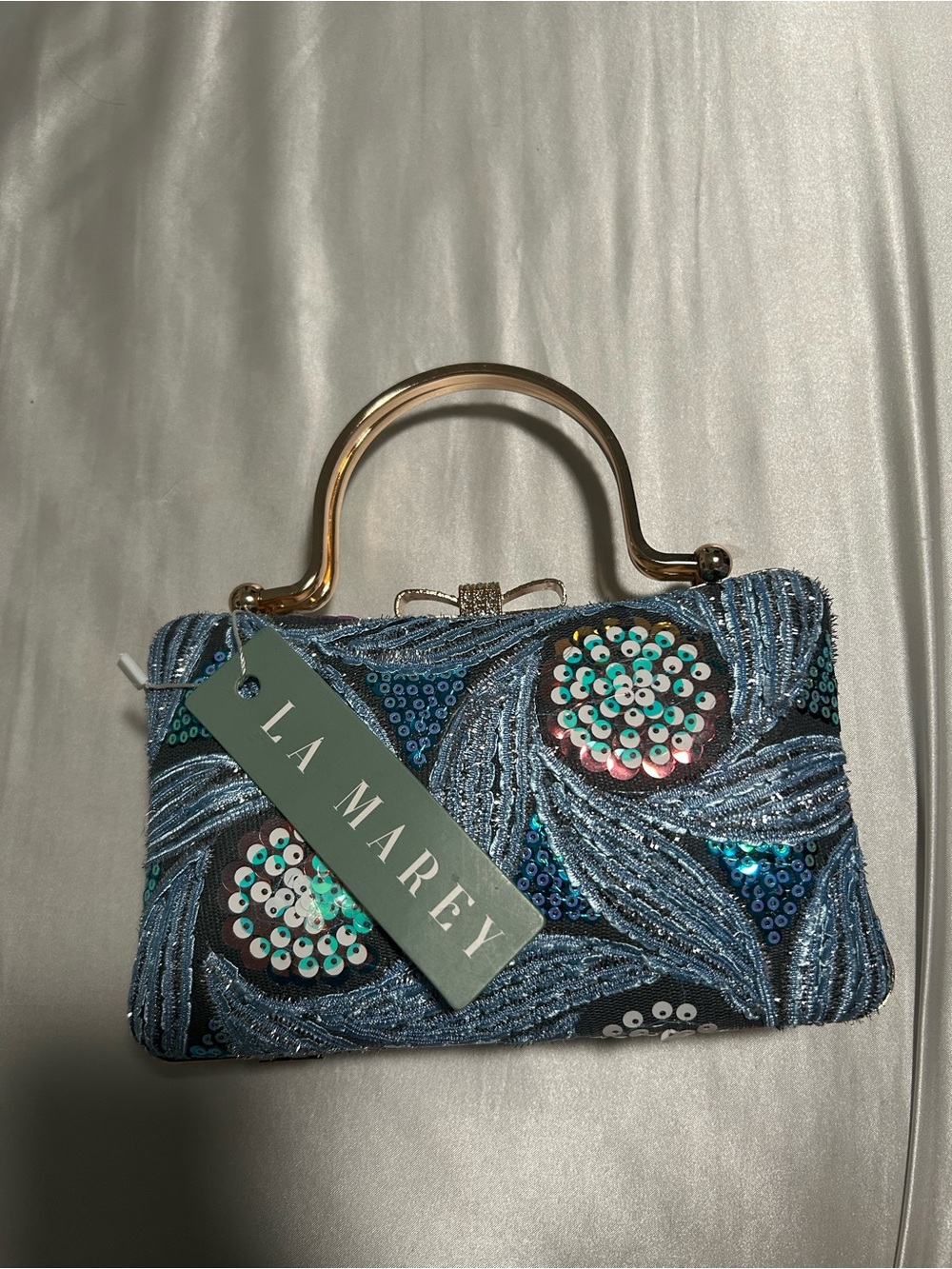 Blue Sequin Embellished Top-Handle Clutch